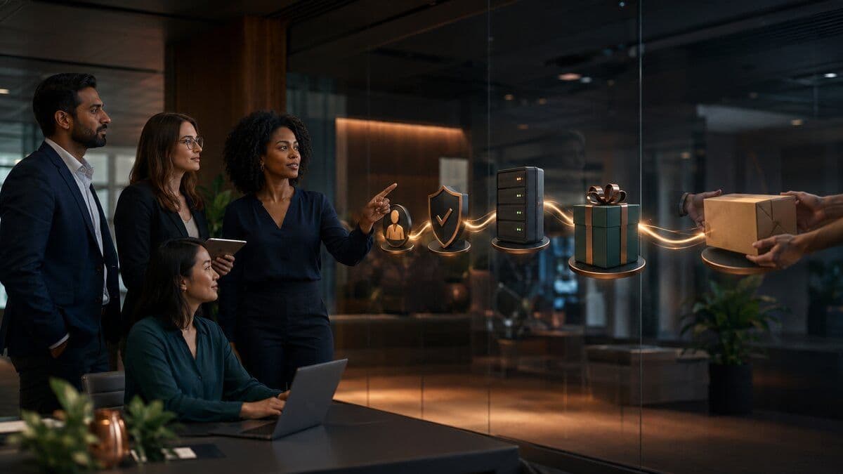 Enterprise HR operations team connecting milestone events, approval controls, secure systems, and global gifting fulfillment