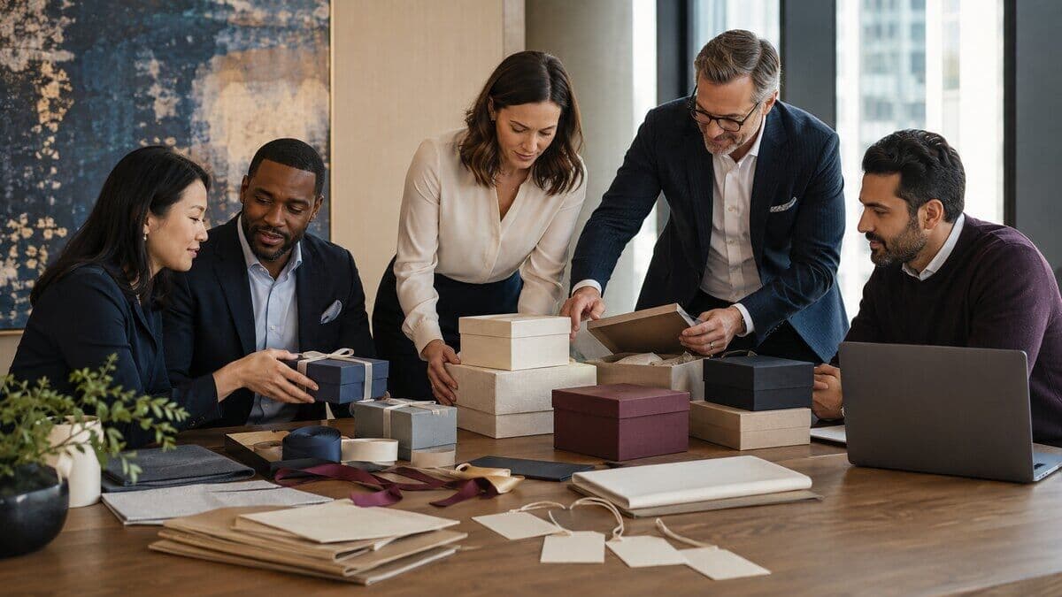 A global account team arranging elegant unbranded year-end client appreciation gift boxes in a modern office.
