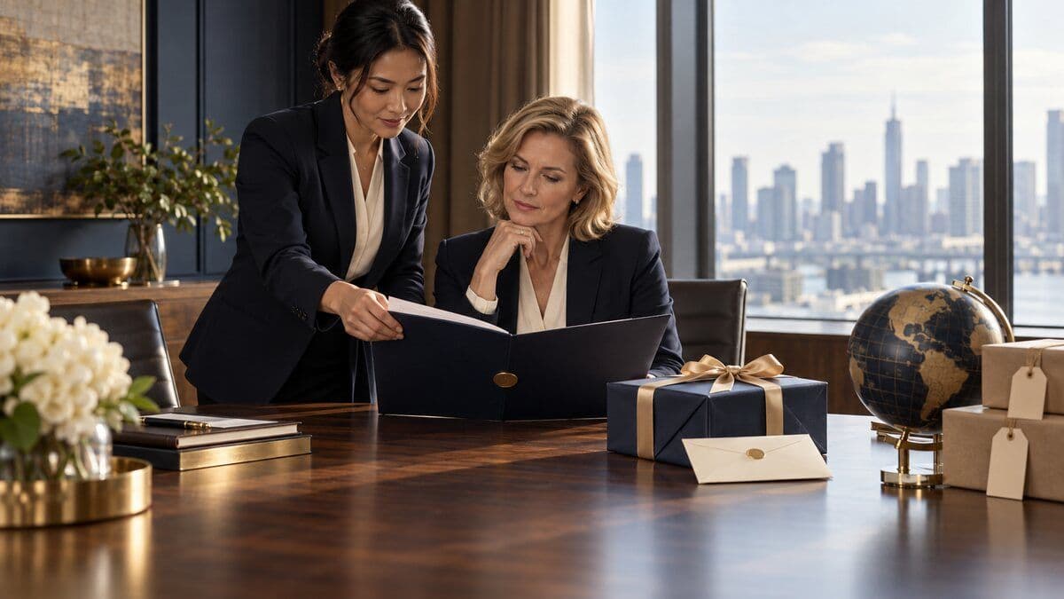 Two executive-office professionals reviewing a governance folder beside an elegant gift and global delivery symbols