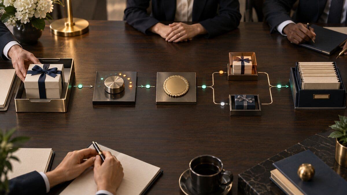 A premium corporate gift approval workflow represented by a gift box, review documents, connected checkpoints, and collaborating hands