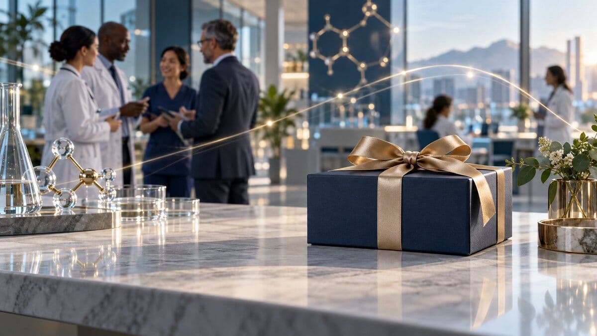 Unbranded gift box in a modern healthcare and life-sciences workplace with clinicians and operations leaders collaborating