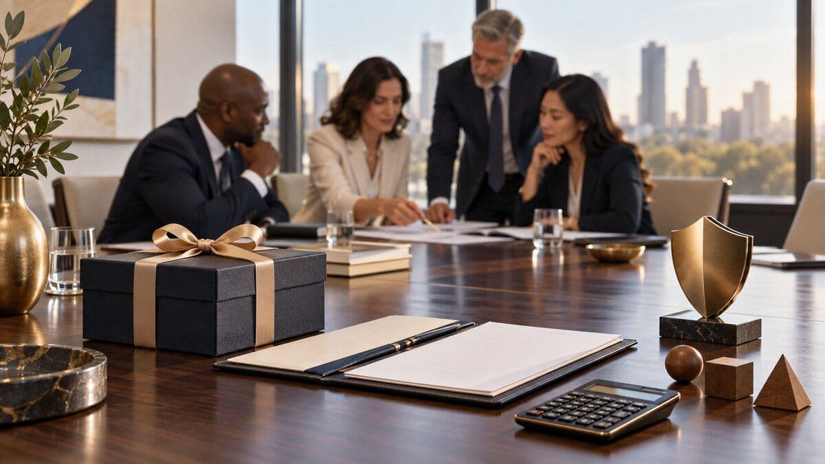 Executives review a corporate gifting business case beside an unbranded gift, calculator, and risk shield