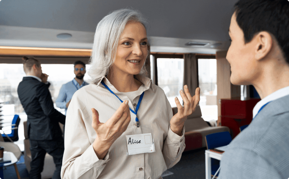 business owner talking - Swag Items For Events