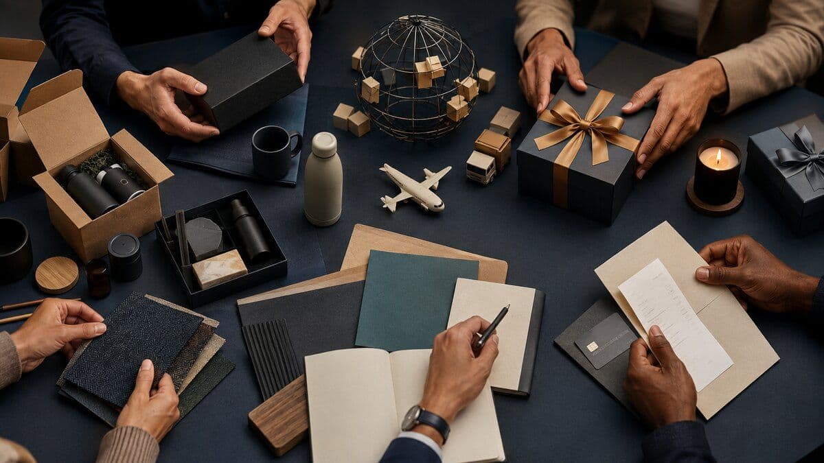 Four corporate gifting procurement models represented by marketplace boxes, managed global gifts, local material samples, and an expense receipt