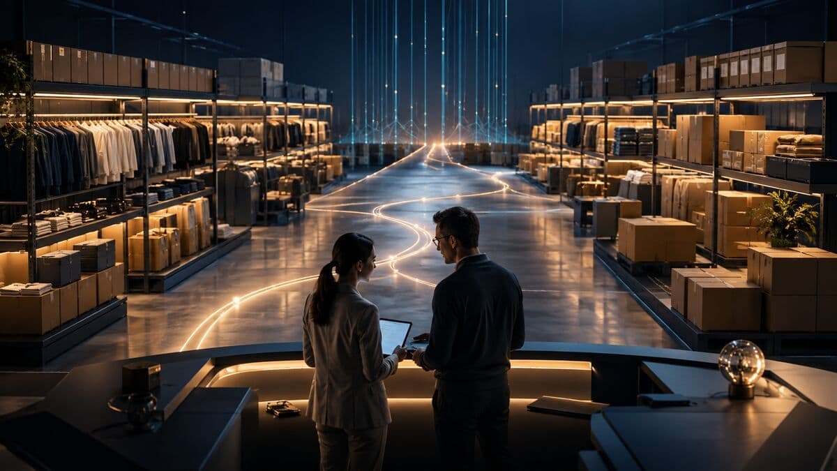 Two enterprise operators oversee a controlled merchandise platform migration across synchronized inventory zones