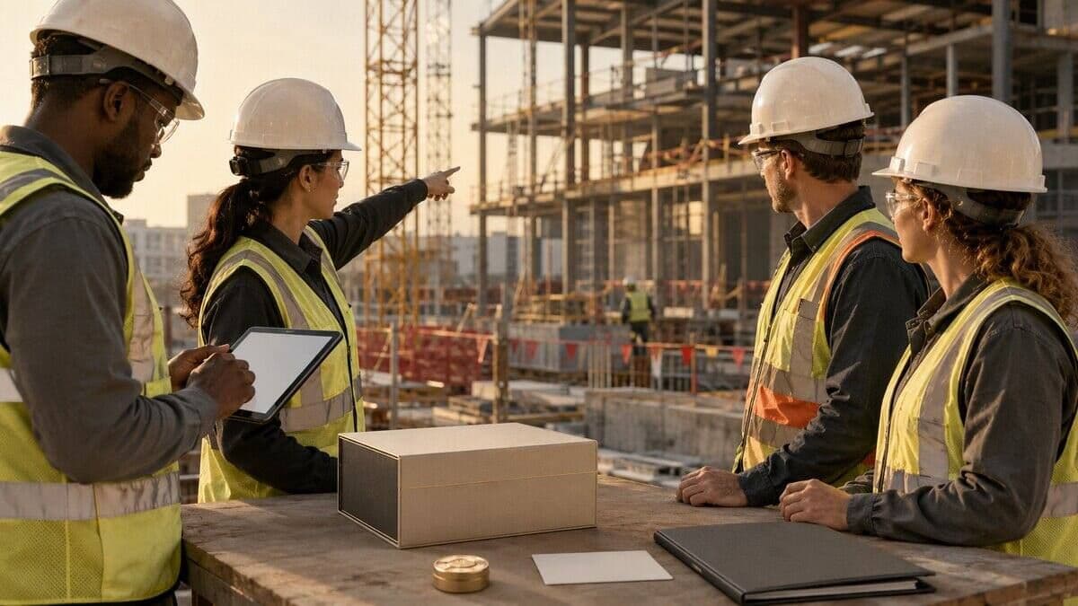 Construction field workers review a reported hazard beside an unbranded recognition box at a controlled commercial jobsite.
