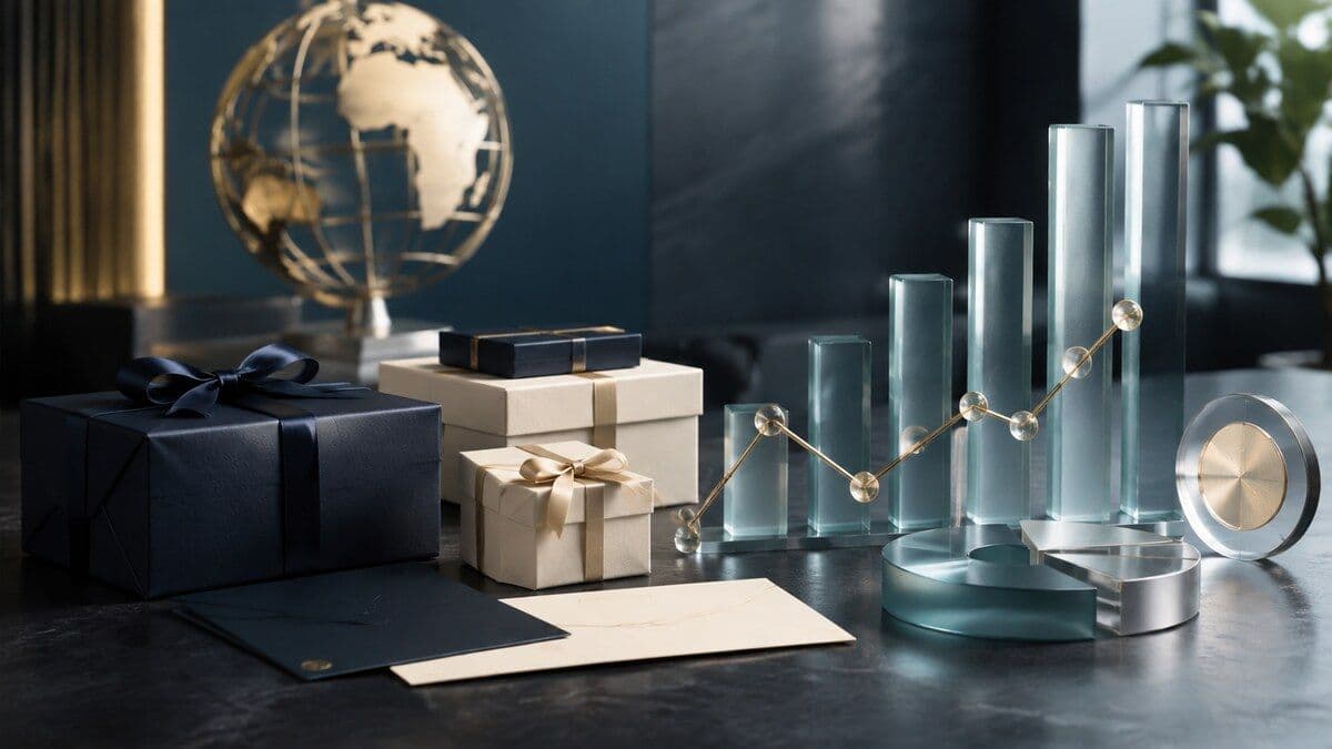 Premium unbranded gift boxes beside abstract global measurement bars and connected indicators