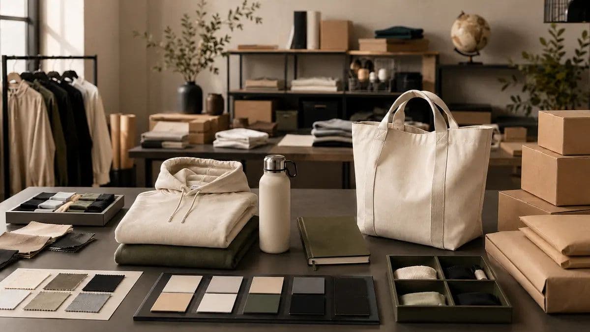 A governed corporate merchandise program represented by blank apparel, sourcing swatches, inventory trays, and fulfillment parcels.