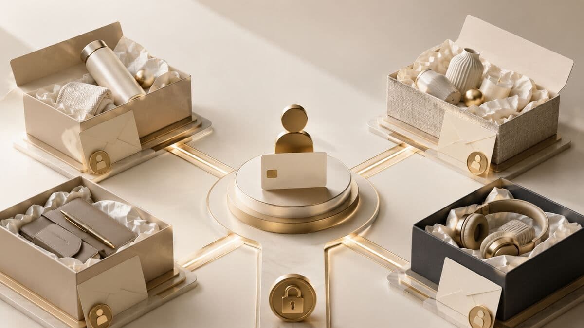 Four recipient-choice corporate gifting pathways connecting curated gifts, address collection, security, and one recipient decision